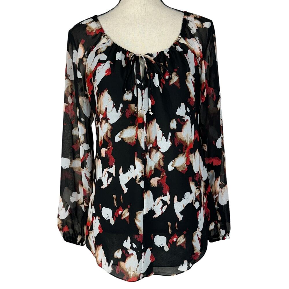 WHBM SZ 10 Top Floral Lined Long Balloon Sleeves Keyhole Round Neck Lightweight